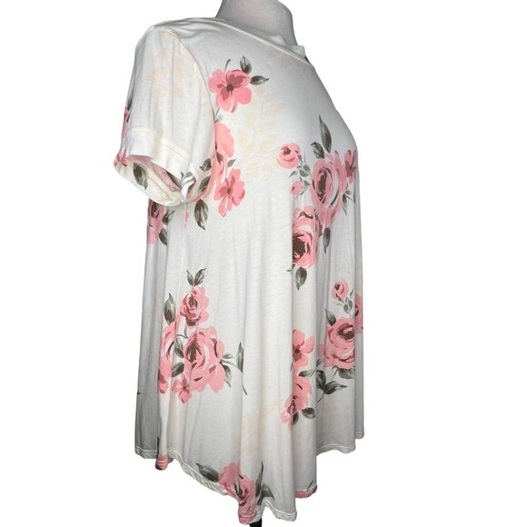 Lula Roe Medium Top short Sleeve Round Neck White Pink Floral Stretch - Picture 10 of 14